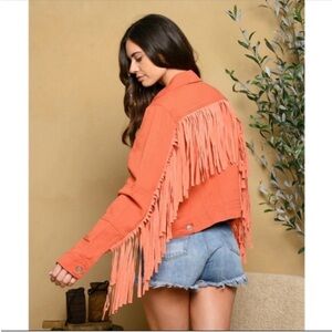 Dusty Peach Jean Jacket with Fringe